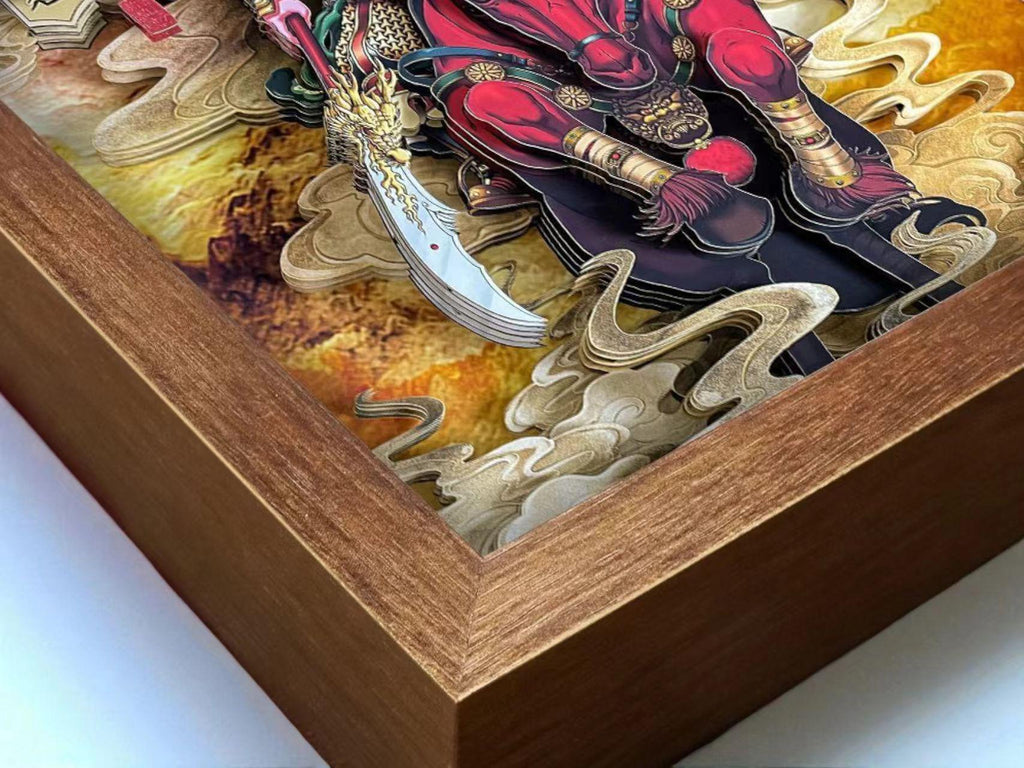 3D Paper Cut Guan Gong - Chinese God of Wealth Talisman-Customizable Consecration Service - A framed 3D paper art piece…
