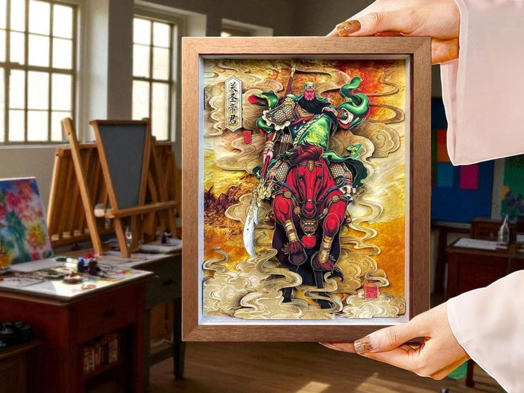 3D Paper Cut Guan Gong - Chinese God of Wealth Talisman-Customizable Consecration Service - A framed 3D paper art piece…