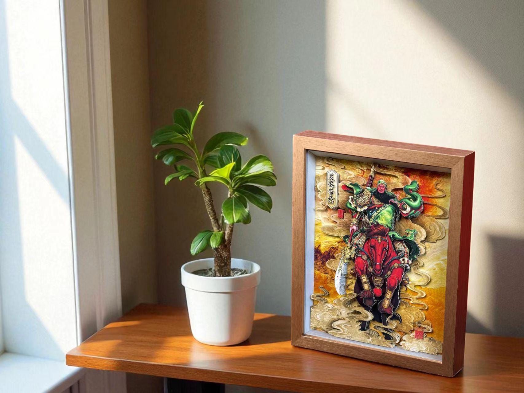 3D Paper Cut Guan Gong - Chinese God of Wealth Talisman-Customizable Consecration Service - A framed artwork featuring a…